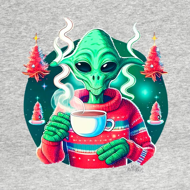 Christmas Funny Alien Drinking Coffee Wearing Sweater by extraordinar-ia